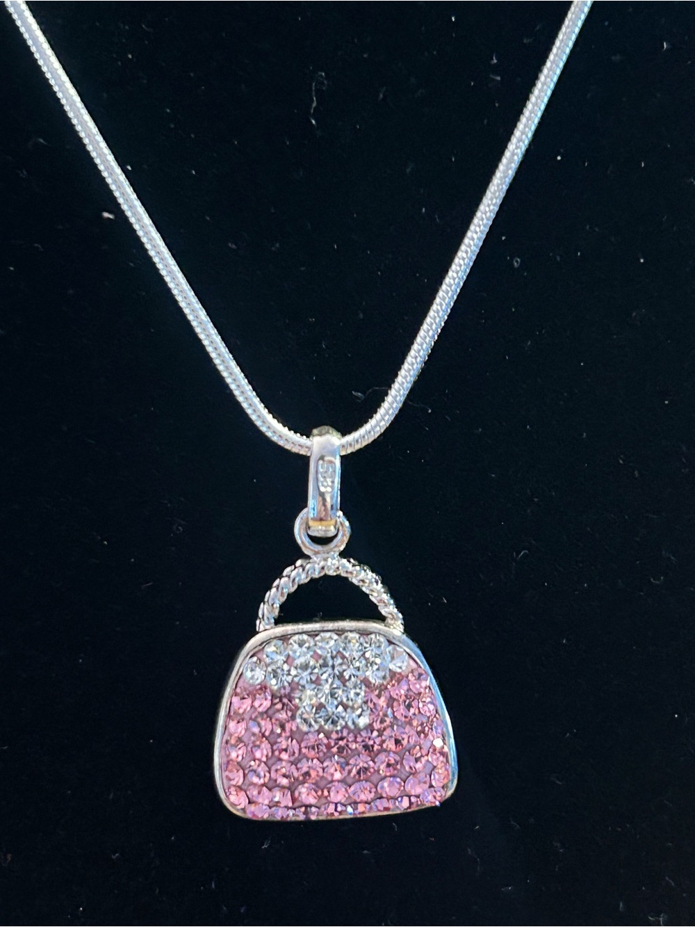 Sterling Silver Pink Crystal Purse Pendant Necklace - 18" .925 Snake Chain